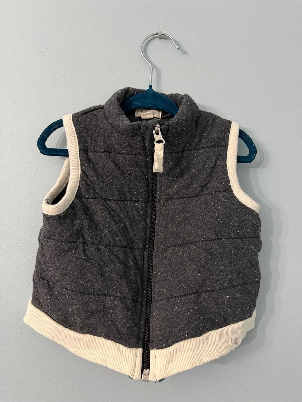 Burt’s Bees baby 12m Charcoal Quilted Sleeveless Vest with white Trim